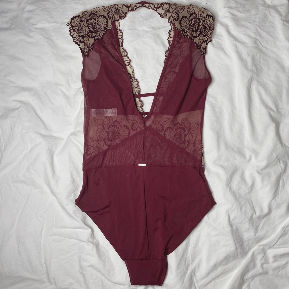 ❌SOLD ❌ Burgundy Floral Lingerie Bodysuit - Picture 2 of 3